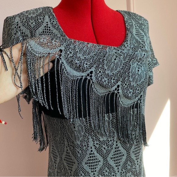 Vintage CARTISE Dress, Silver Crochet Knit, Maxi, Fringe, Black Lining, (US M) - Picture 6 of 16